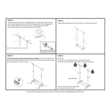 Rolling garment rack assembly step diagrams showing locks and height adjustment