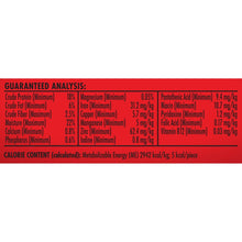 Dog treat nutrition facts panel with ingredients and calorie information