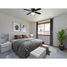 Indoor hugger ceiling fan with light kit and four dark blades