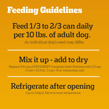 Pedigree chopped ground dinner dog food feeding guidelines: feed 1/3 to 2/3 can daily