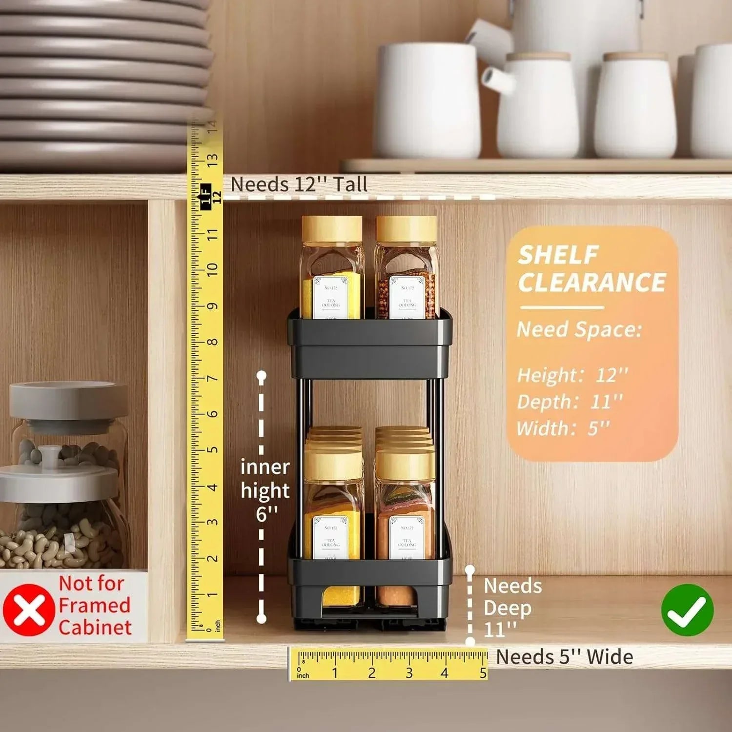 AOKIWO 2 Packs Pull Out Slide-Out Spice Rack Organizer for Cabinets,Multi-Purpose Kitchen Cabinet Organizer, Suitable for Cabinet Size 12"Hx11"Dx5"W, Black