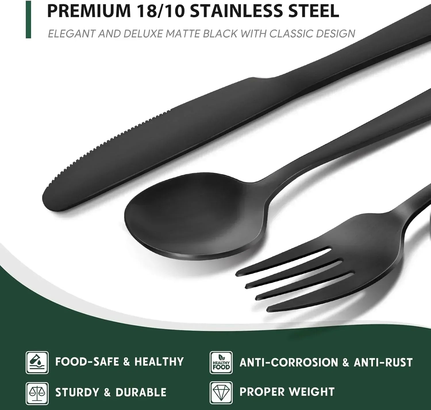 48-Piece Mirror Finished Black Silverware Set with Steak Knives, Black Flatware Set for 8, Stainless Steel Tableware Cutlery Set, Utensil Sets for Kitchen