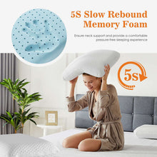 Memory foam pillow with blue perforation pattern and white quilted surface, close-up