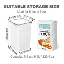 Square clear storage canister with black-trim lid, shown with flour bag