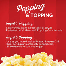Popping & topping oil instruction graphic with popcorn kernels along the bottom