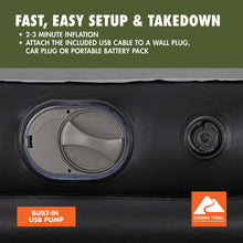 Inflatable air mattress with built-in pump valve opening on dark side panel