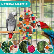 Hanging parrot chew toy with corn cob pieces, rope rings, rattan ball, and colorful blocks