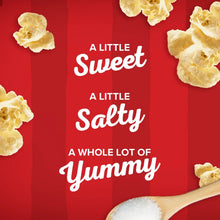 Kettle corn microwave popcorn bag with sweet and salty slogan text