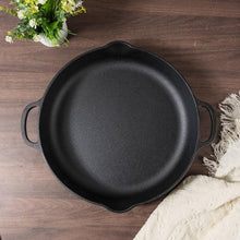 Black cast iron frying pan, round skillet with side loop handles