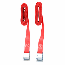 Pair of red webbing lashing straps with silver cam buckle hardware at each end