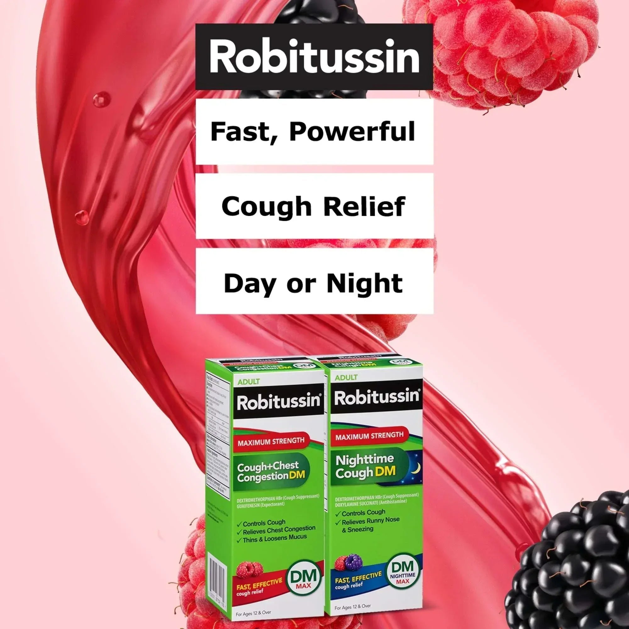 Robitussin Maximum Strength Cough + Chest Congestion DM & Nighttime Cough DM, Berry Flavor, 4 fl oz Bottles (Pack of 2)