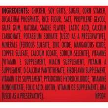 Dog treat ingredients panel listing chicken, grains, and minerals