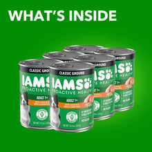 Six-can pack of Iams Proactive Health wet dog food cans, classic ground