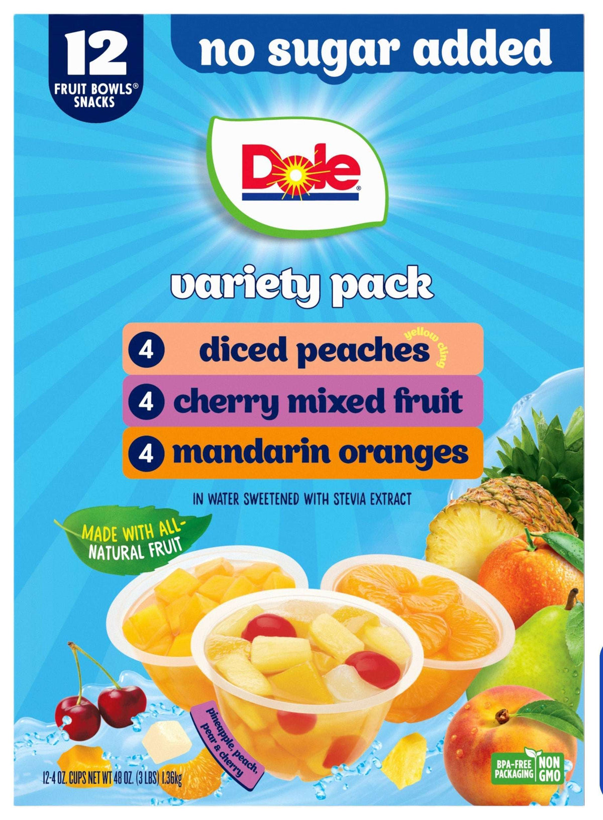 Dole Fruit Bowls No Sugar Added Variety Pack, 4 oz Cups (12 Pack)