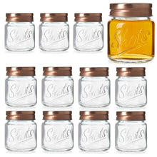 12 pack mini mason jar shot glasses with copper lids, clear jars and one amber jar