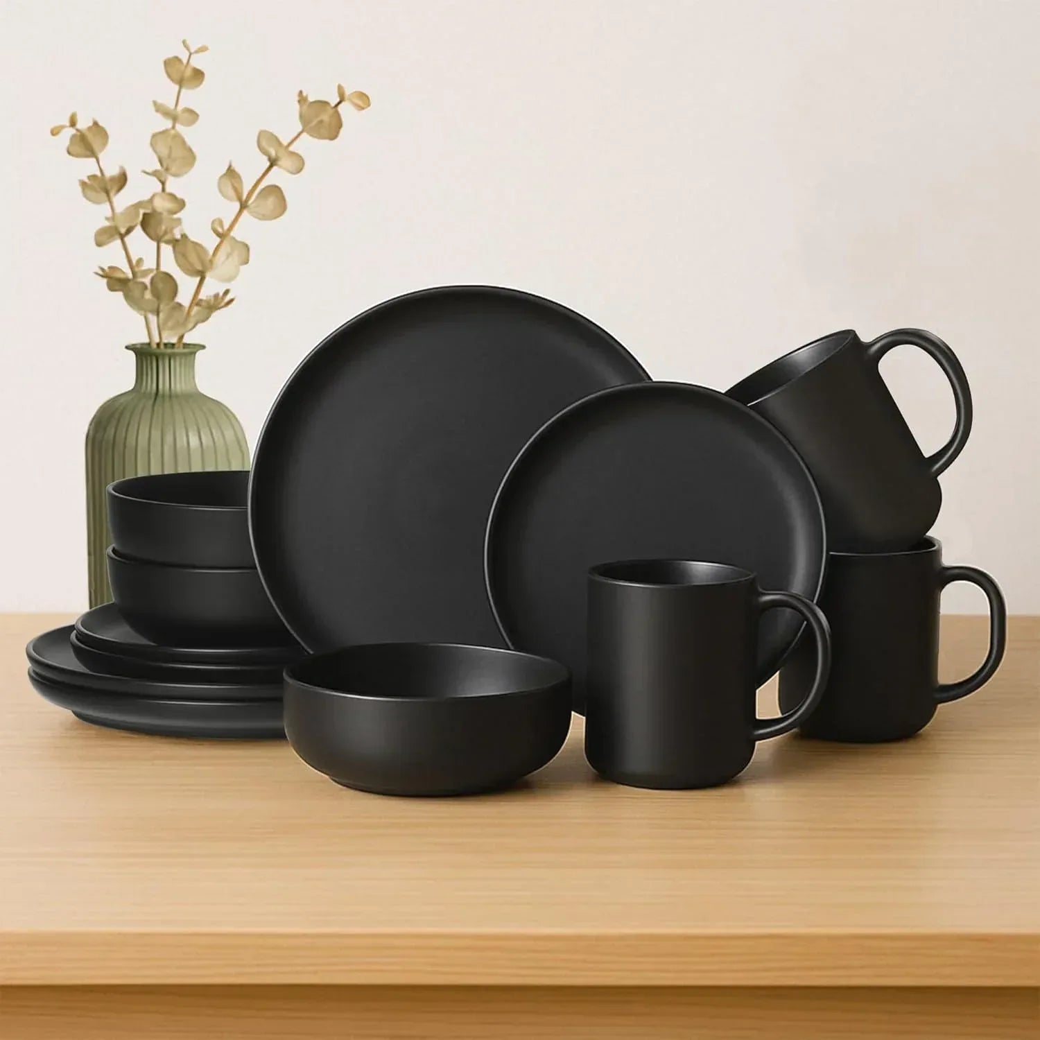 12-Piece Stoneware Dinnerware Set with Mugs | Microwave and Dishwasher Friendly | Stackable Matte Glaze Plates & Bowls | Service for 3 (Black for 3)