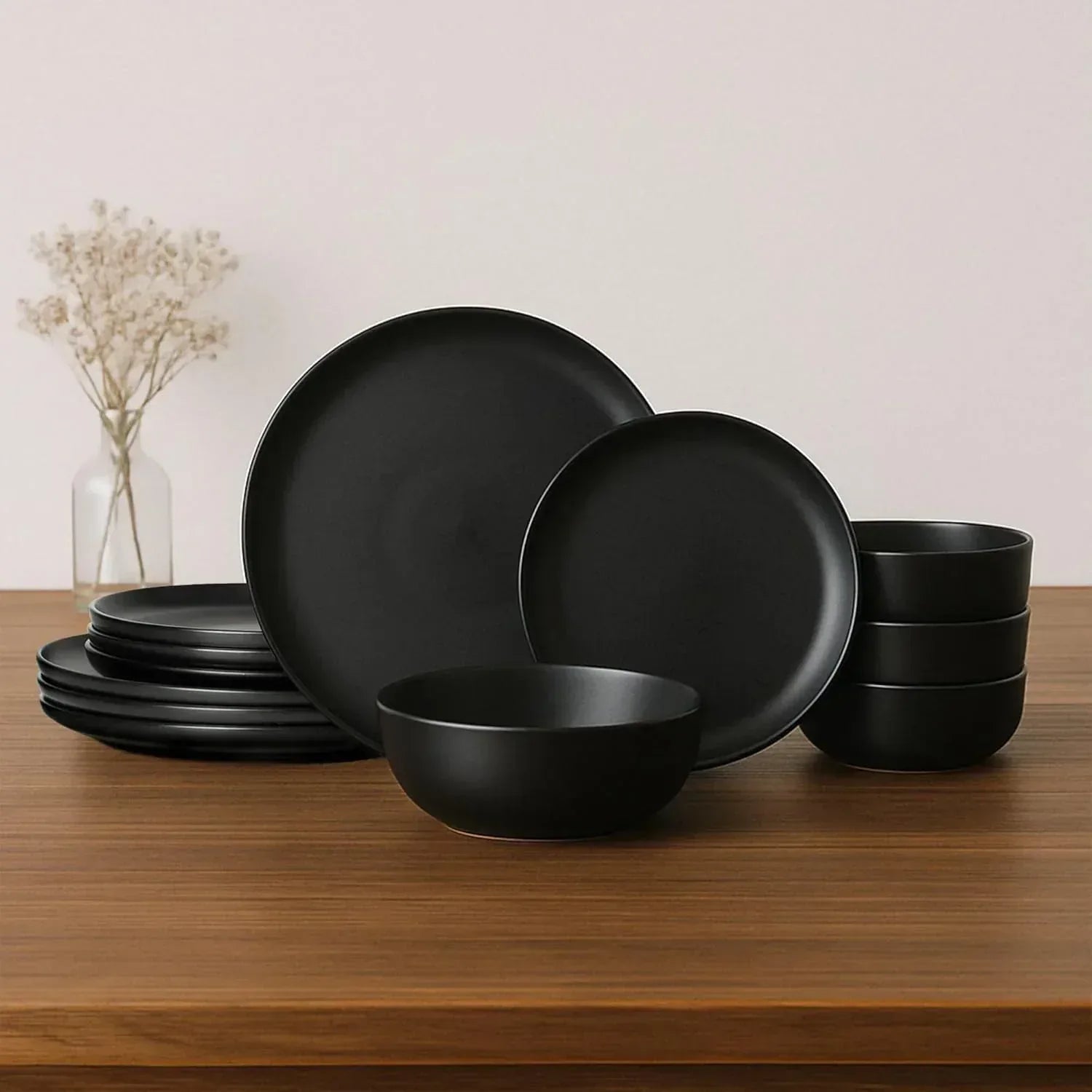 12-Piece Stoneware Dinnerware Set with Mugs | Microwave and Dishwasher Friendly | Stackable Matte Glaze Plates & Bowls | Service for 3 (Black for 3)