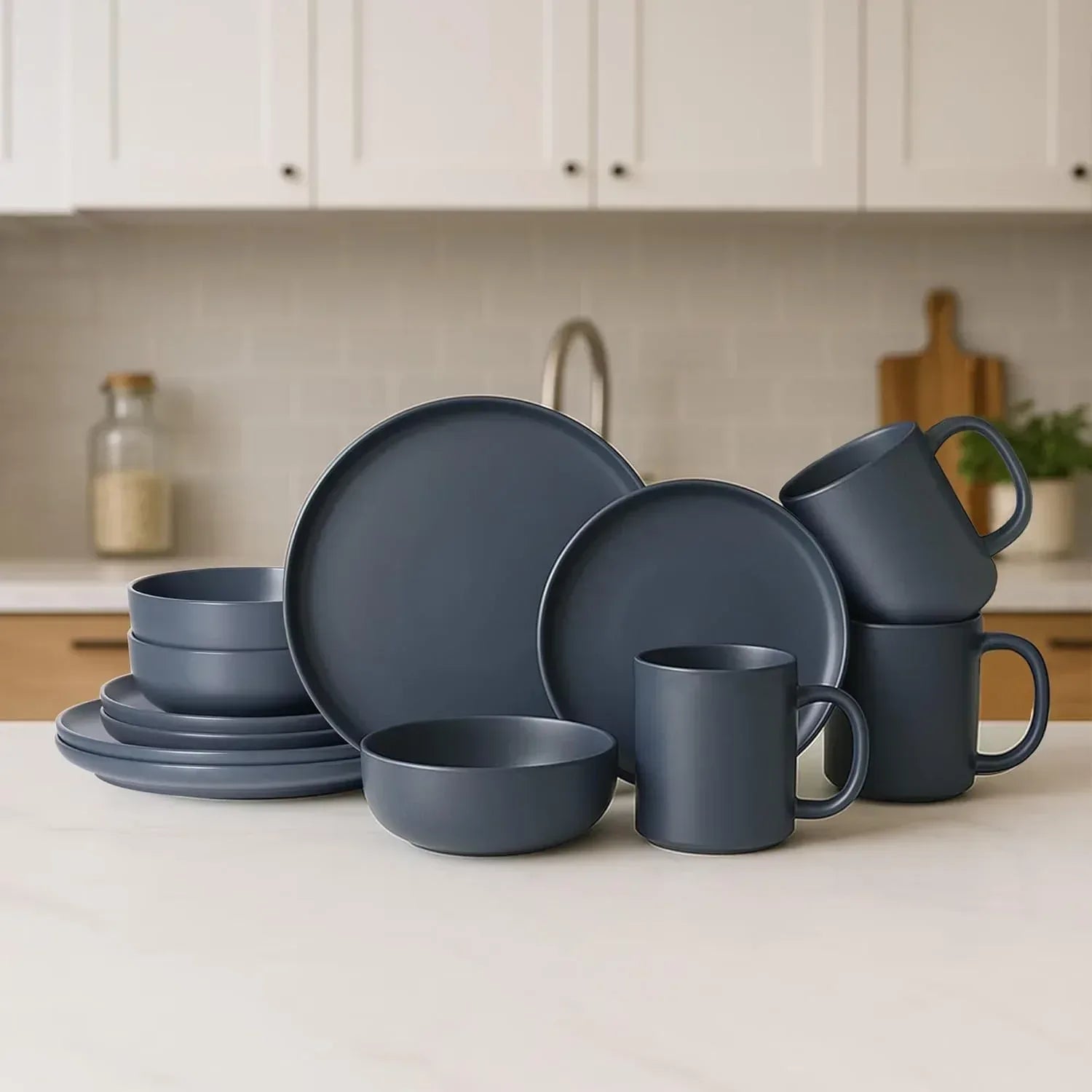12-Piece Stoneware Dinnerware Set with Mugs | Microwave and Dishwasher Friendly | Stackable Matte Glaze Plates & Bowls | Service for 3 (Black for 3)