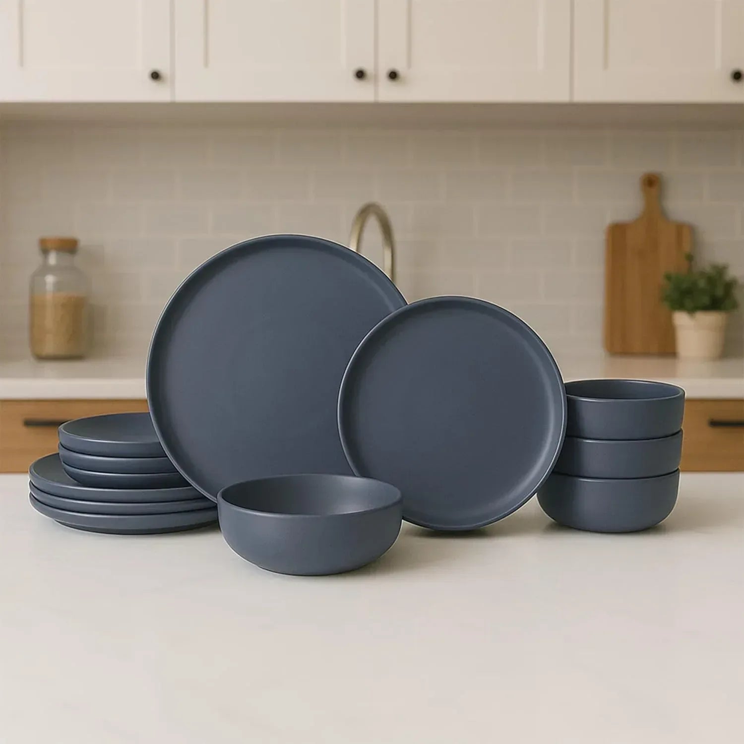 12-Piece Stoneware Dinnerware Set with Mugs | Microwave and Dishwasher Friendly | Stackable Matte Glaze Plates & Bowls | Service for 3 (Black for 3)