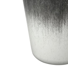 Round plastic planter, taupe-to-cream speckled finish, curved side view