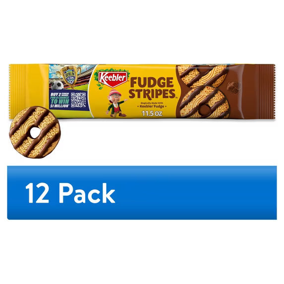 Keebler Fudge Stripes 12-pack with yellow and brown cookie bar packages