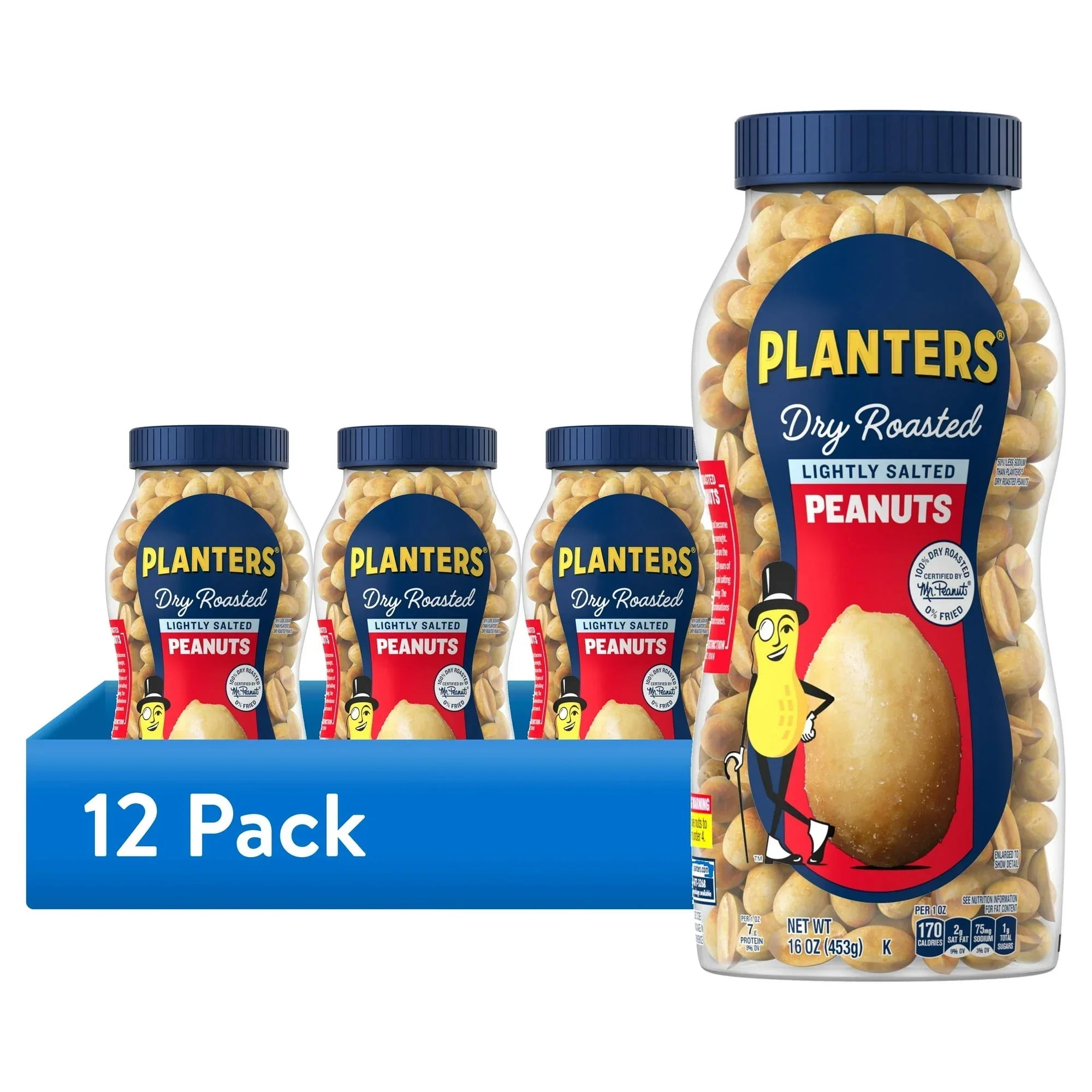 PLANTERS Lightly Salted Dry Roasted Peanuts, Party Snacks, Plant Based Protein, 16 oz Jar