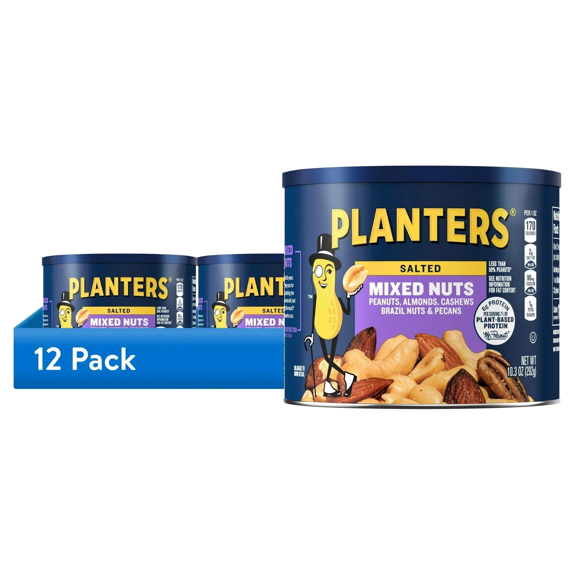 PLANTERS Salted Mixed Nuts, Party Snacks, Plant Based Protein, 10.3 oz Steel Can