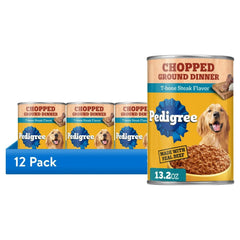 (12 pack) Pedigree Chopped Ground Dinner T-Bone Steak Flavor Adult Wet Dog Food, (12) 13.2 oz Cans - USA MEGA SHOP