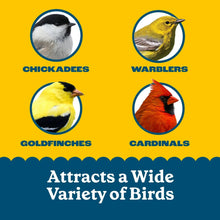 Wild bird variety card with chickadees, warblers, goldfinches, and cardinals icons