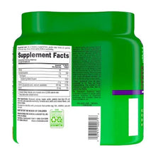 Supplement facts and barcode on green Vitamin C gummy bottle back panel