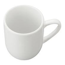 Glazed white stoneware mug with wide opening and curved handle