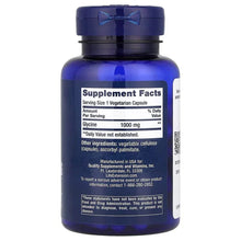 Glycine supplement bottle back with Supplement Facts and serving size