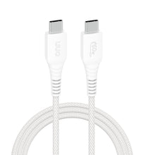 White braided USB-C to USB-C charging cable with two upright USB-C ends