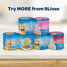 Assorted 9Lives cat food packages with different canisters and labels