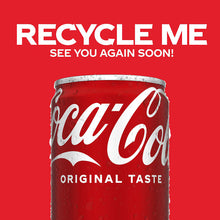 Coca-Cola Original Taste soda can close-up with “Recycle Me” text, red can
