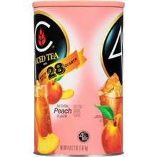 Peach flavored iced tea mix can front label with 'makes 28 quarts' badge