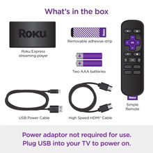 Roku Express box contents: streaming player, remote, HDMI cable, USB cable, batteries