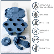 Blue silicone feeder teether tray with octopus teether and feeding caps