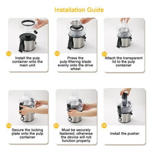 Stainless steel juicer installation guide with locking plate and transparent parts