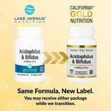Probiotic supplement bottles shown side by side, Acidophilus & Bifidus labels