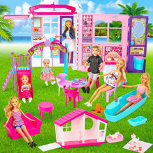 Pink and purple doll house playset with swings, slide, tub, and dining furniture