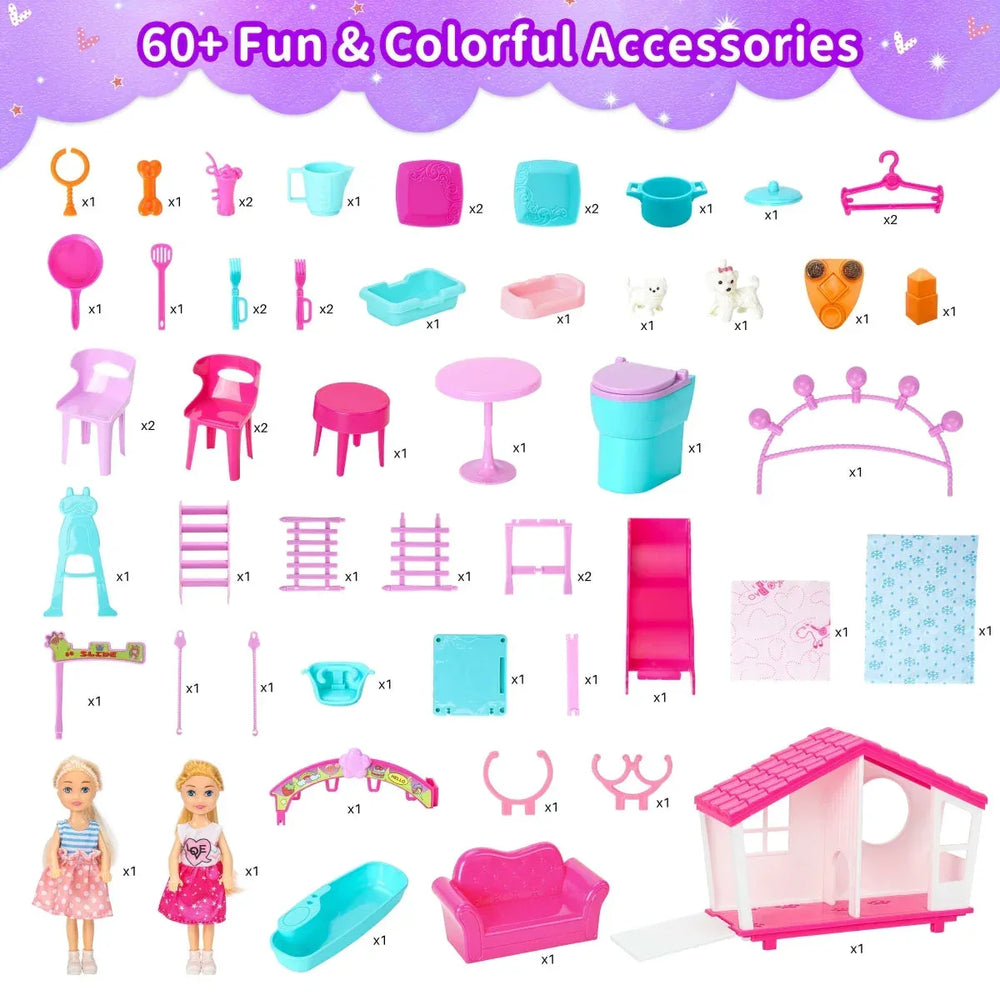 FUNWEE Doll House Playset with 60+ Accessories Including House Furniture, Pets, Bathtubs, Swings, Slides and other accessories - USA MEGA SHOP