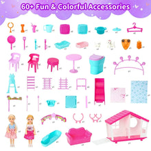 Colorful doll house accessory set with furniture, pets, tubs, and other play items