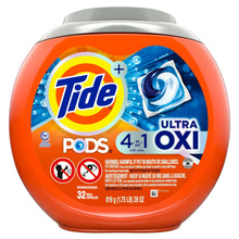 Tide PODS Ultra OXI detergent pacs tub back with ingredient and warning icons