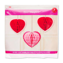 Heart Danglers set package with three honeycomb heart decorations in red and pink