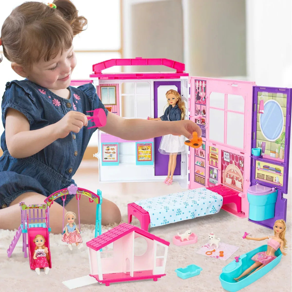 FUNWEE Doll House Playset with 60+ Accessories Including House Furniture, Pets, Bathtubs, Swings, Slides and other accessories - USA MEGA SHOP