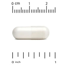 L-cysteine veggie capsule, white, shown with inch and cm size ruler