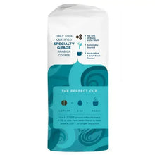 Ground coffee bag back panel with certification icons and teal swirl graphics