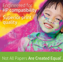 HP printer paper marketing card with colorful graphics and child illustration.