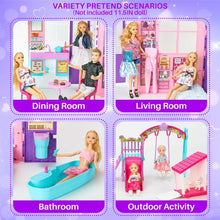 Doll house playset for dining, living, bathroom, and outdoor play with dolls